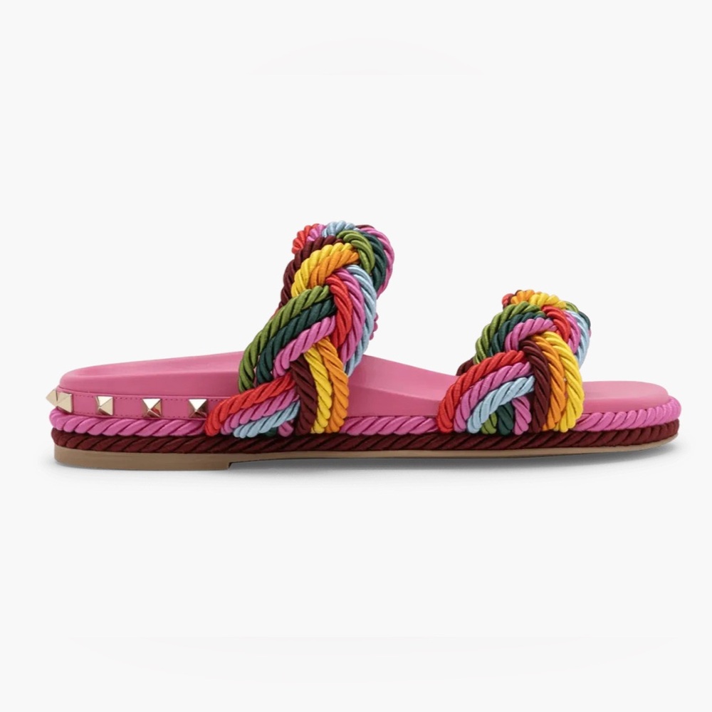 Valentino Garavani Multi Color Rainbow Braided Rope Sandal Slides NEW IN BOX